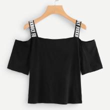 Shein Letter Strap Open Shoulder Tee