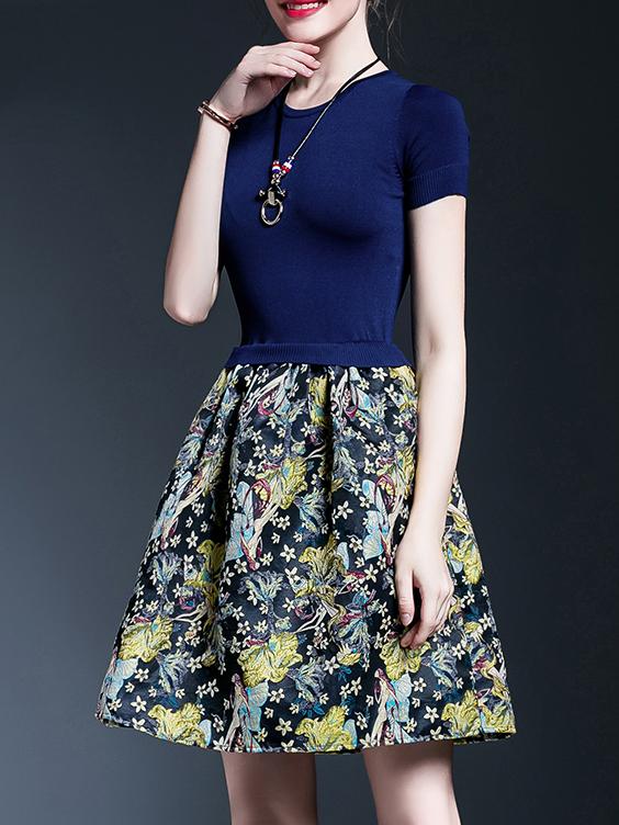 Shein Blue Knit Jacquard Combo Dress