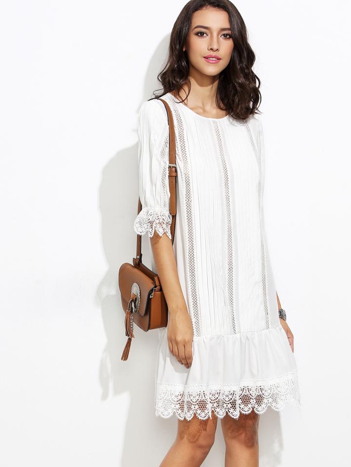Shein White Lace Trim Ruffle Hem Tunic Dress