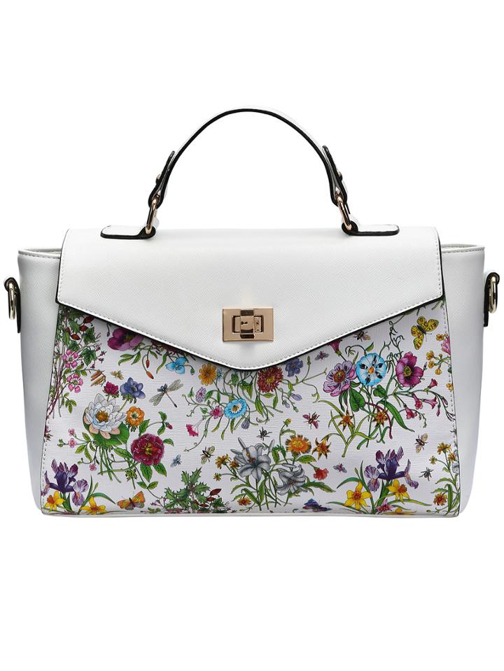Shein White Twist Lock Floral Shoulder Bag