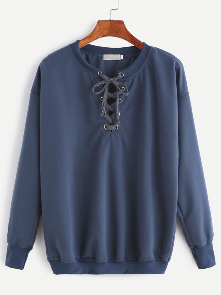 Shein Navy Ribbed Trim Drop Shoulder Lace Up Sweatshirt