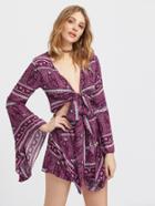Shein Plunge Paisley Print Flare Sleeve Bow Tie Frill Romper