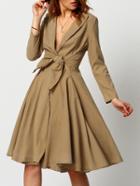 Shein Apricot Long Sleeve Knotted Midi Dress