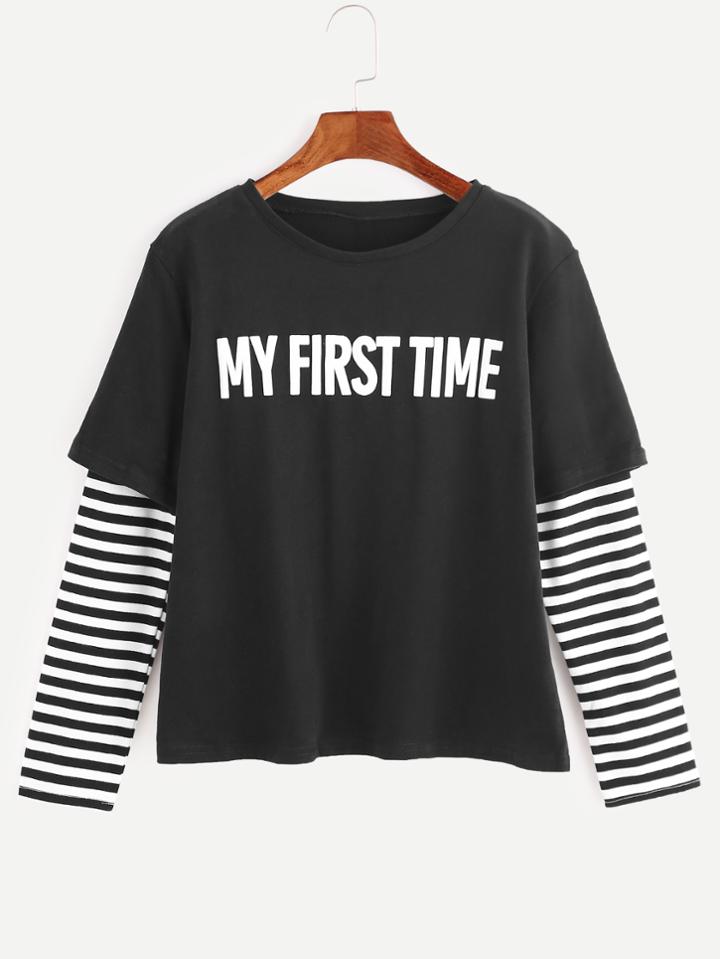 Shein Black Contrast Striped Sleeve Letter Print T-shirt