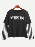 Shein Black Contrast Striped Sleeve Letter Print T-shirt