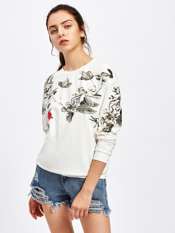 Shein Drop Shoulder Flower Print Sweatshirt