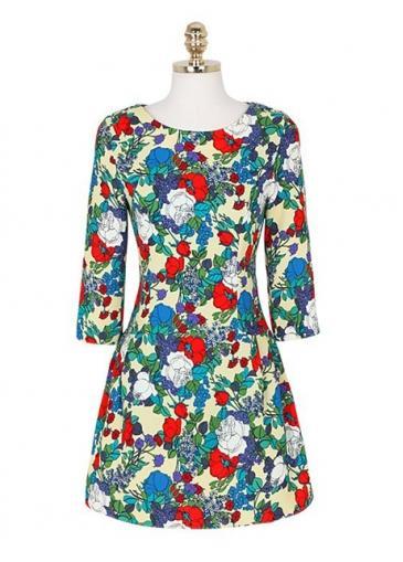 Rosewe Hot Sale Shirred Waist A Line Pattern Flower Print Dress