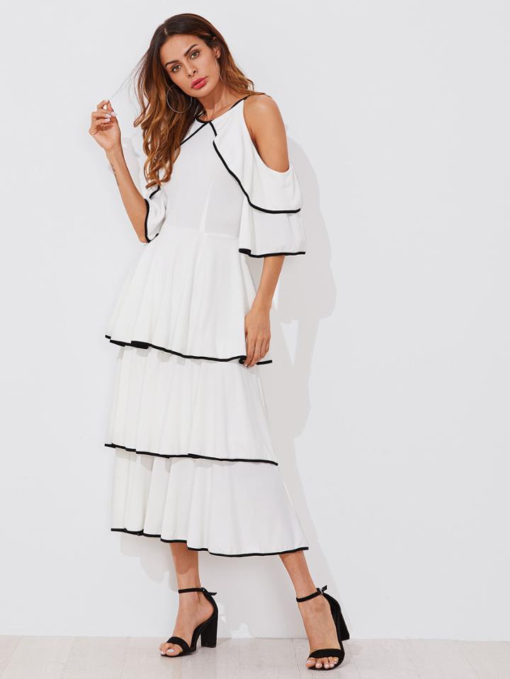 Shein Contrast Binding Open Shoulder Tiered Flounce Dress