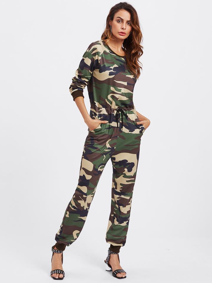 Shein Camo Print Drawstring Waist Sweat Jumpsuit