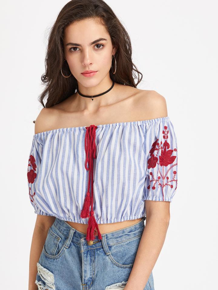 Shein Tassel Tie Neck Embroidered Crop Bardot Top