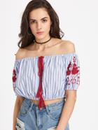 Shein Tassel Tie Neck Embroidered Crop Bardot Top