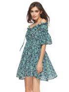 Shein Bardot Frill Trim Allover Leaf Print Swing Dress