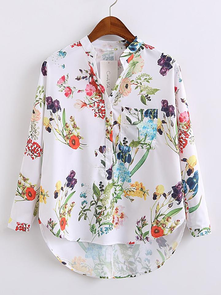 Shein Floral Print High Low Blouse With Pocket