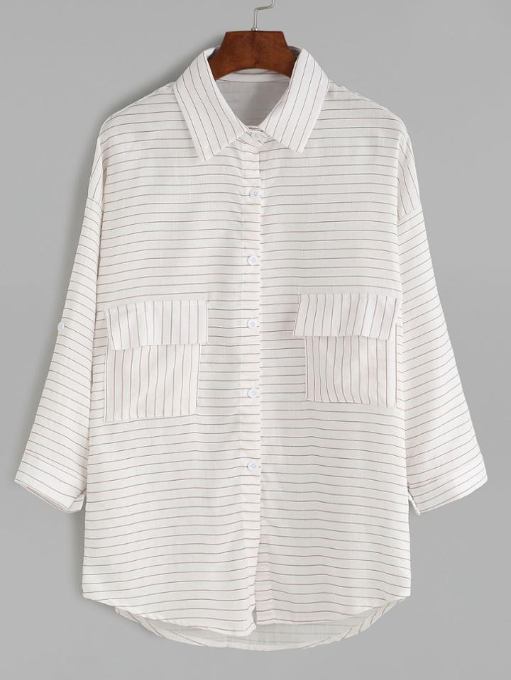 Shein Dropped Shoulder Seam Striped Pockets Blouse