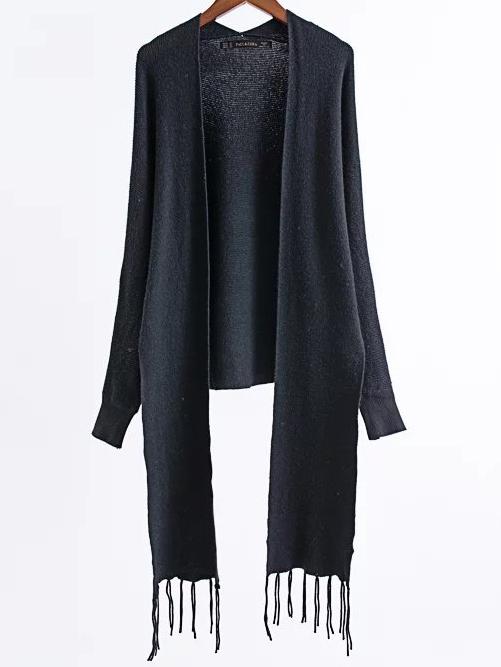 Shein Black Long Sleeve Fringe Poncho Sweater
