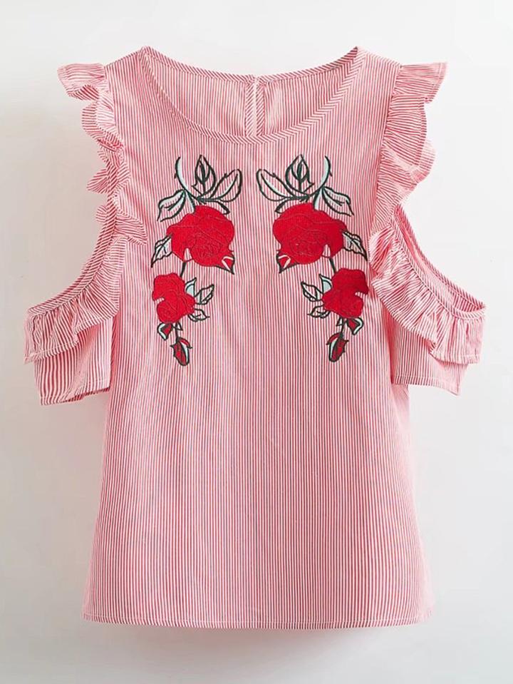 Shein Frill Trim Pinstripe Embroidery Top
