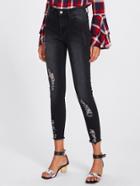 Shein Dark Wash Raw Cut Hem Shredded Jeans