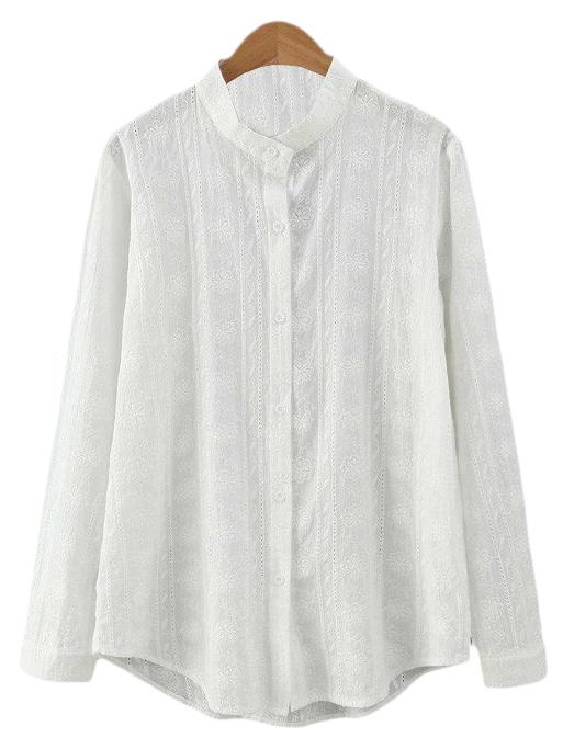 Shein White Stripe Hollow Flower Embroidery Blouse