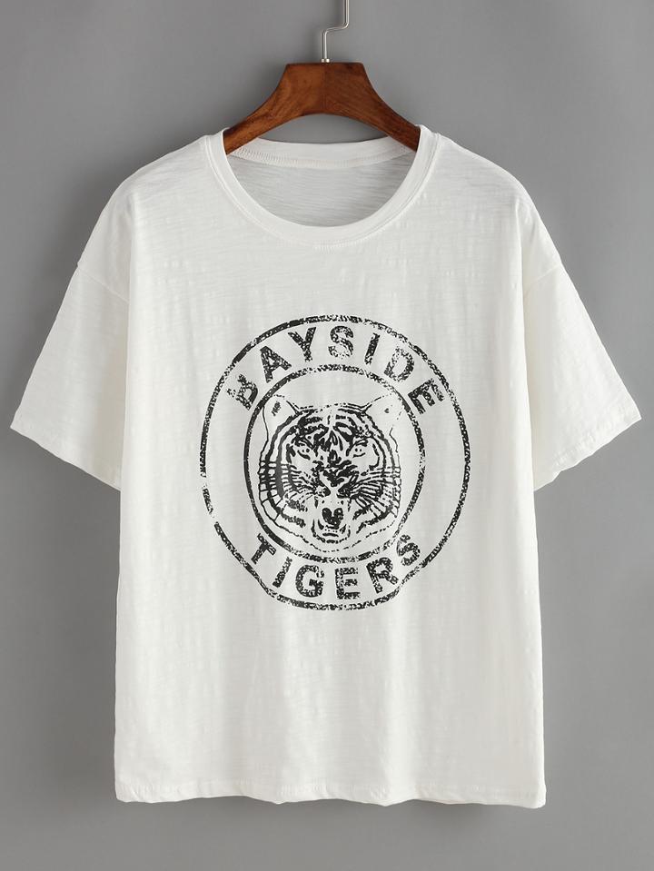 Shein White Tiger Print T-shirt