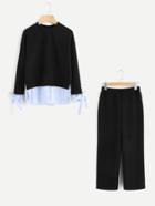 Shein Bow Tie Hem Pinstripe Contrast Top And Pants