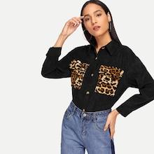 Shein Leopard Print Pocket Decoration Corduroy Blouse