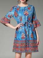 Shein Blue Bell Sleeve Print Drawstring Dress