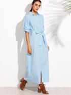 Shein Blue Button Up Roll Tab Sleeve Belted Maxi Shirt Dress