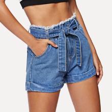 Shein Raw Hem Tie Waist Denim Shorts