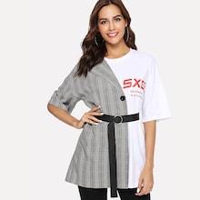Shein Plaid Belt Letter Print Blouse