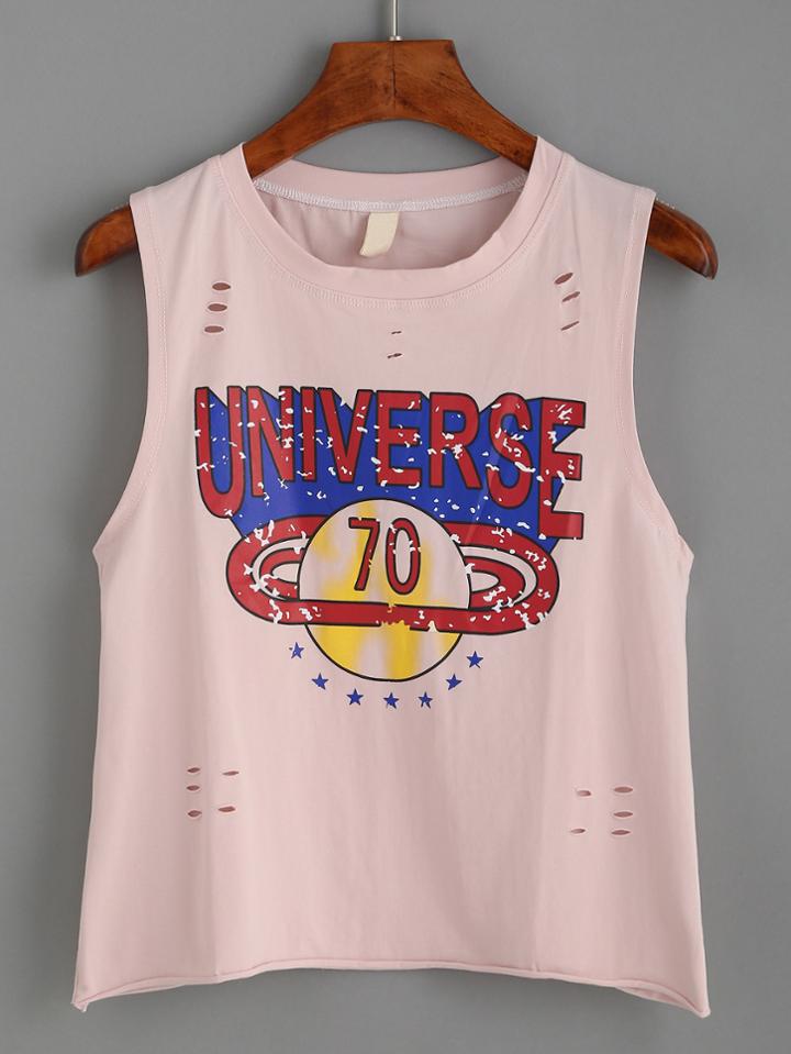 Shein Pink Letters Print Ripped Tank Top