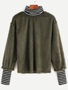 Shein Army Green Turtleneck Contrast Striped 2 In 1 Sweatshirt
