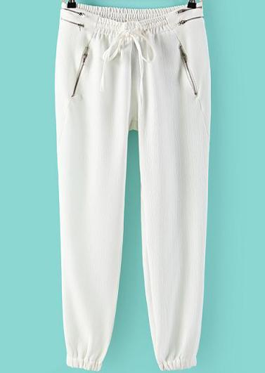Shein White Elastic Drawstring Waist Zipper Pant