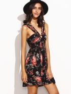 Shein Black Floral Print V Neck Sleeveless Dress