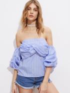 Shein Bardot Ruched Sleeve Twisted Front Stripe Top