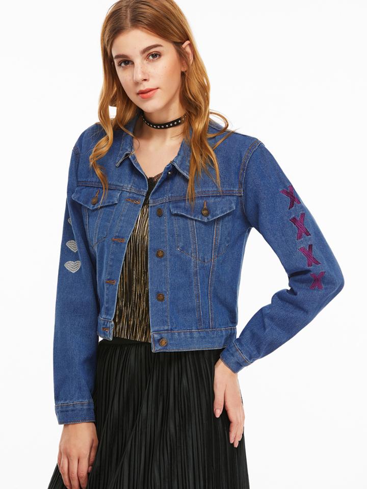 Shein Dark Blue Letter Print Embroidered Denim Jacket