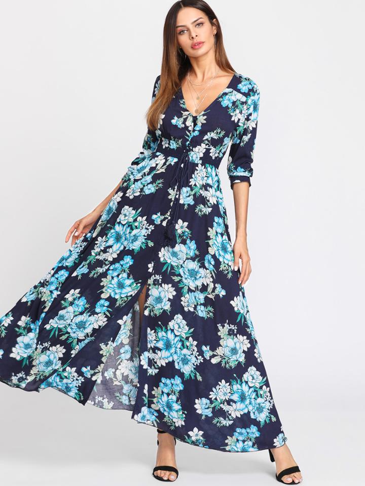 Shein Drawstring Waist Flower Print Dress