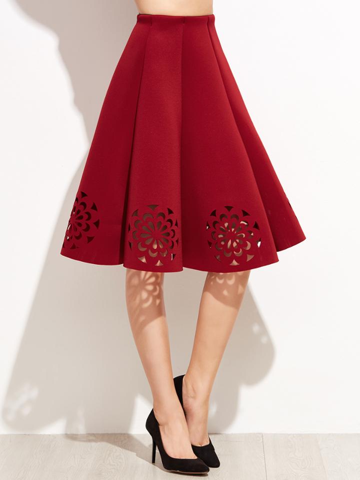 Shein Burgundy Laser Cut Out Pleated Skirt