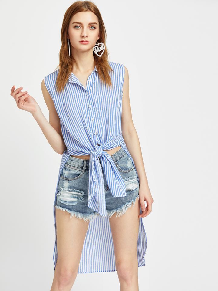 Shein Striped Knot Fornt High Low Sleeveless Blouse
