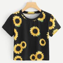 Shein Sunflower Print Crop Tee