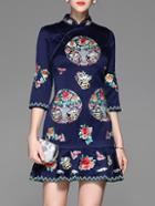 Shein Navy Flowers Embroidered Frill Dress