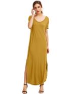 Shein Mustard Cut Out Back Shirred Sleeve Slit Beach Dress