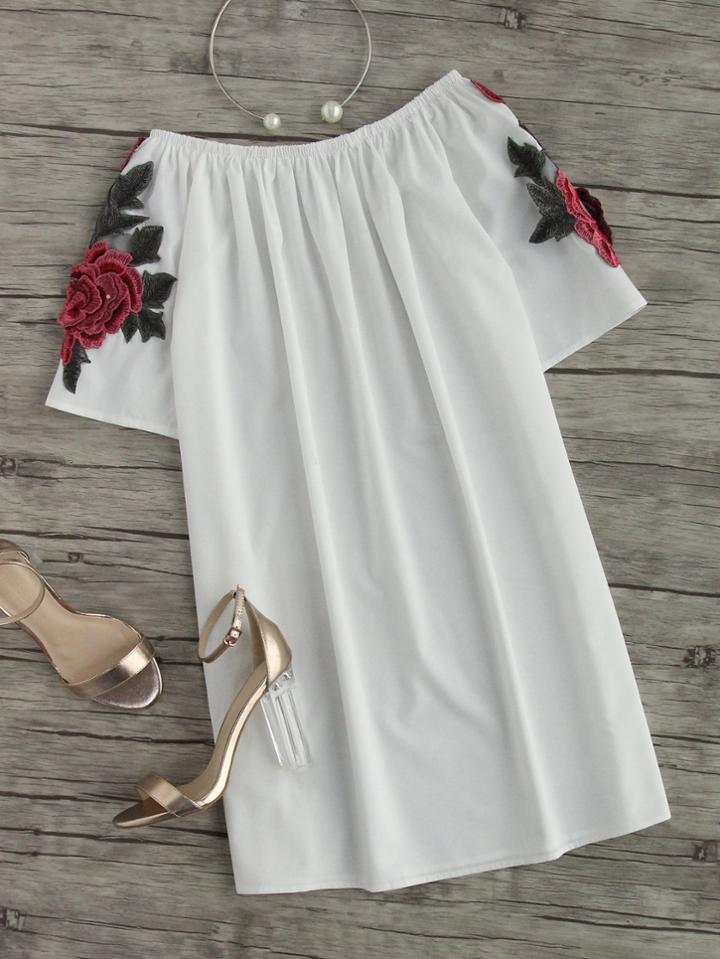 Shein Off Shoulder Rose Embroidered Applique Dress