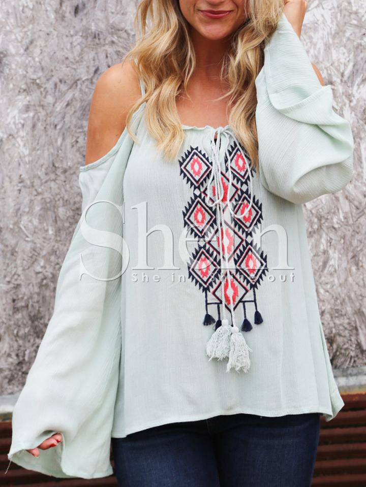 Shein Light Green Bell Sleeve Embroidery Tassel Spaghetti Strap Blouse