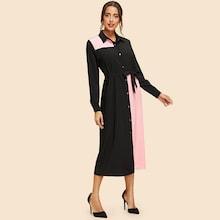 Shein Contrast Panel Self Tie Shirt Dress