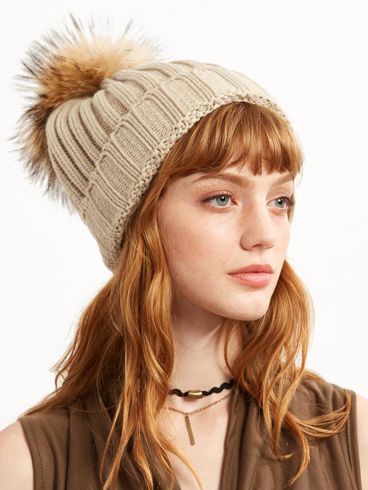 Shein Beige Ribbed Detachable Pom Pom Hat