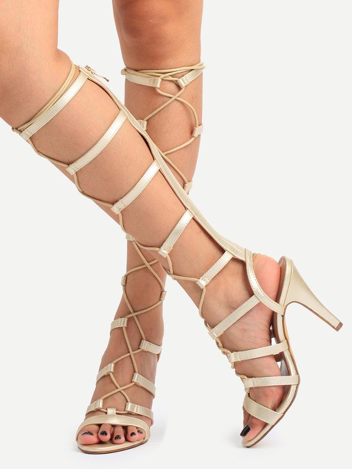 Shein Strappy Lace-up Knee High Heeled Sandals - Gold