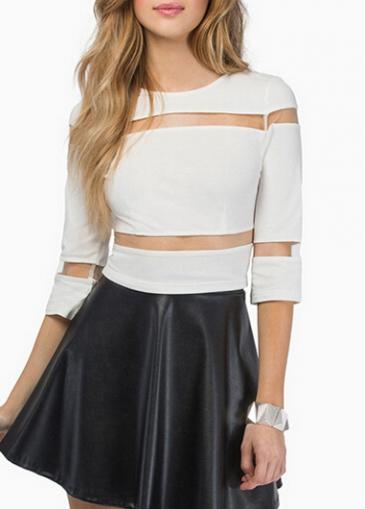 Rosewe Mesh Splicing Half Sleeve White Blouse