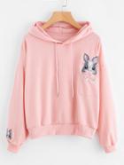 Shein Cartoon Embroidered Hoodie With Chest Pocket