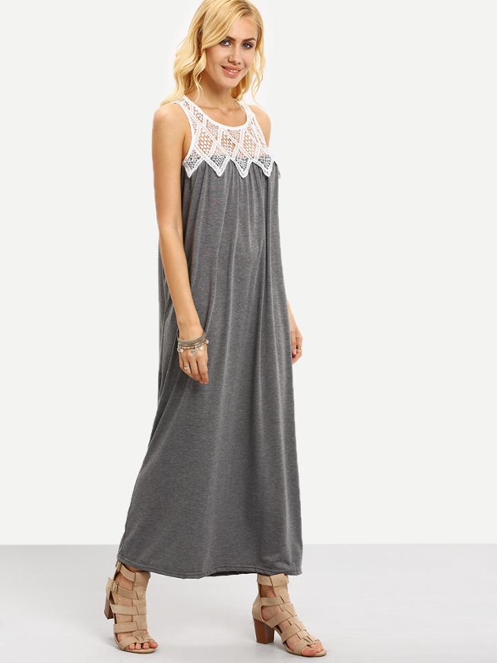 Shein Contrast Lace Neck Long Jersey Dress