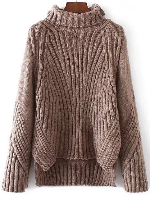 Shein Khaki Turtleneck Side Slit Dip Hem Sweater